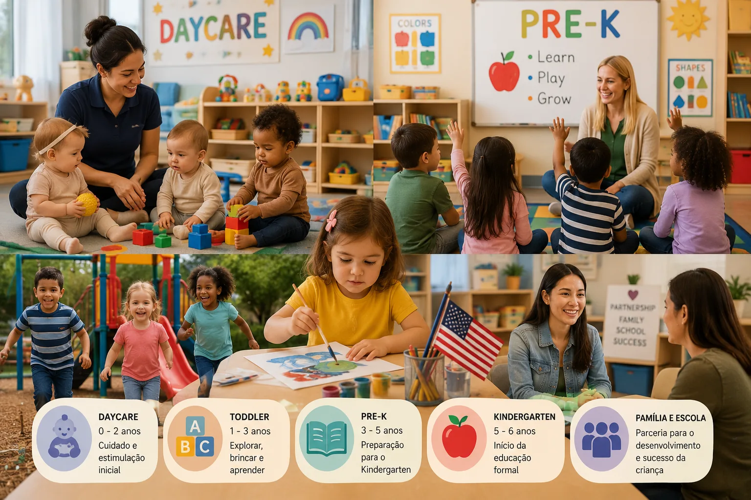 Educacao Infantil nos EUA, daycare, pre-K e o que esperar nos primeiros anos